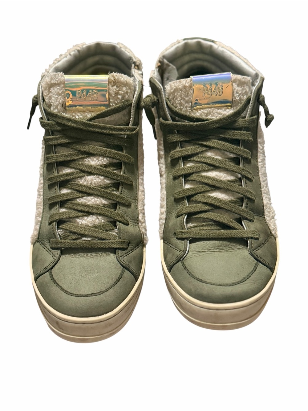 P448 Skate High Top Sneakers Olive Green Sherpa Shearling Side Zip EU 40
